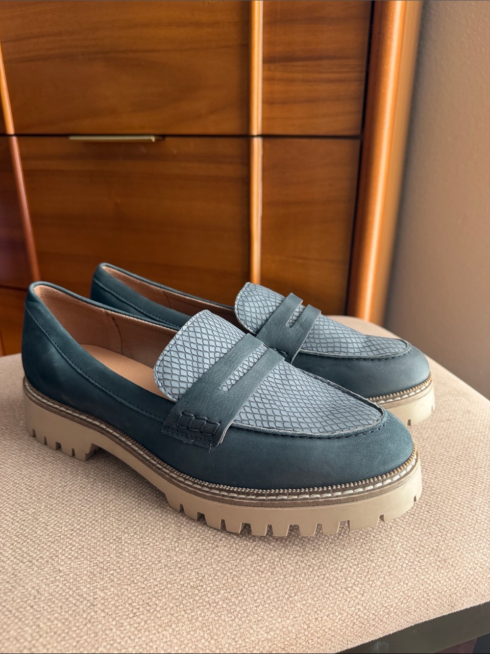Women's blue Leather Penny Loafers with Lug Sole NWT